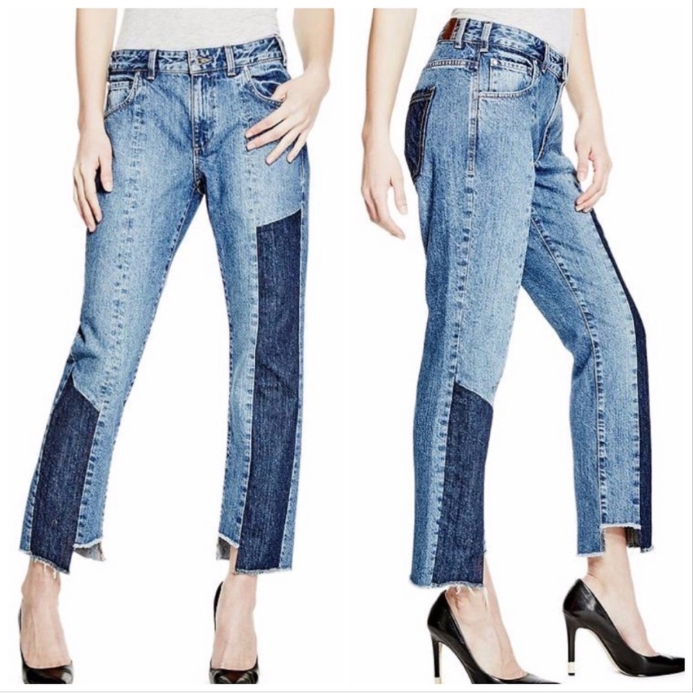 GUESS patchwork denim jeans - frayed hem y2k style denim jeans